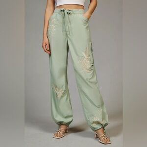 Pilcro Anthropologie Mint Embroidered Parachute Cargo Pants Size 29
